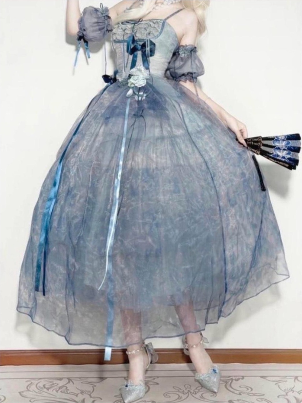 3 Piece Blue Lightweight corset top Fairycore dress no petticoat